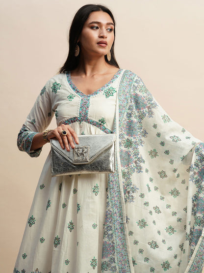 Printed & Embroidered Pure Cotton A-Line Kurta With Trouser & Dupatta Set - Buy Best Ethnic Wear for Women & Girls | Daily Woman - 