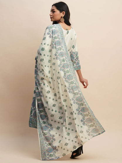 Printed & Embroidered Pure Cotton A-Line Kurta With Trouser & Dupatta Set - Buy Best Ethnic Wear for Women & Girls | Daily Woman - 