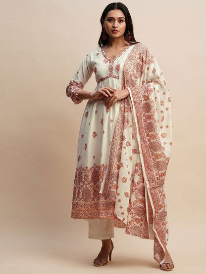 Printed & Embroidered Pure Cotton A-Line Kurta With Trouser & Dupatta Set - Buy Best Ethnic Wear for Women & Girls | Daily Woman - 