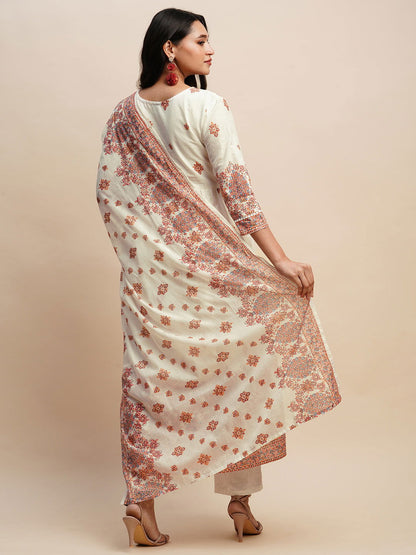 Printed & Embroidered Pure Cotton A-Line Kurta With Trouser & Dupatta Set - Buy Best Ethnic Wear for Women & Girls | Daily Woman - 