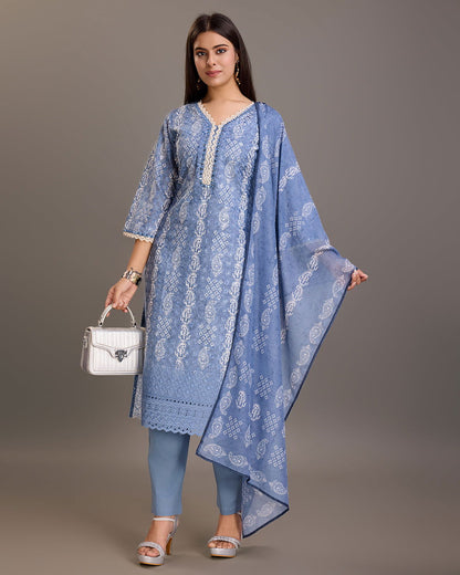Printed Pure Cotton Kurta & Trousers With Dupatta - Buy Best Ethnic Wear for Women & Girls | Daily Woman - 