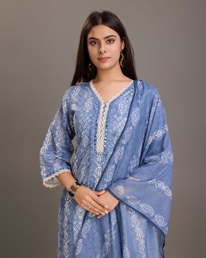 Printed Pure Cotton Kurta & Trousers With Dupatta - Buy Best Ethnic Wear for Women & Girls | Daily Woman - 