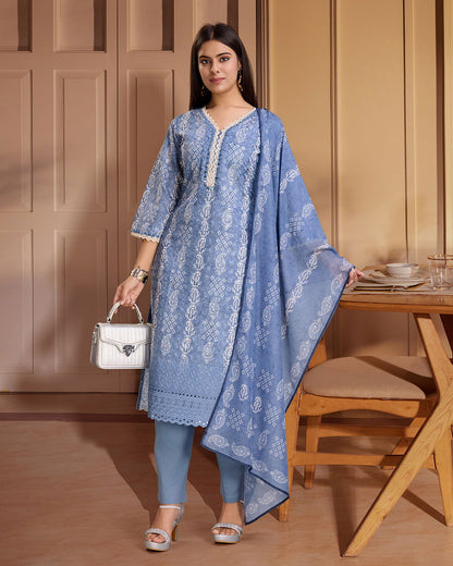 Printed Pure Cotton Kurta & Trousers With Dupatta - Buy Best Ethnic Wear for Women & Girls | Daily Woman - 