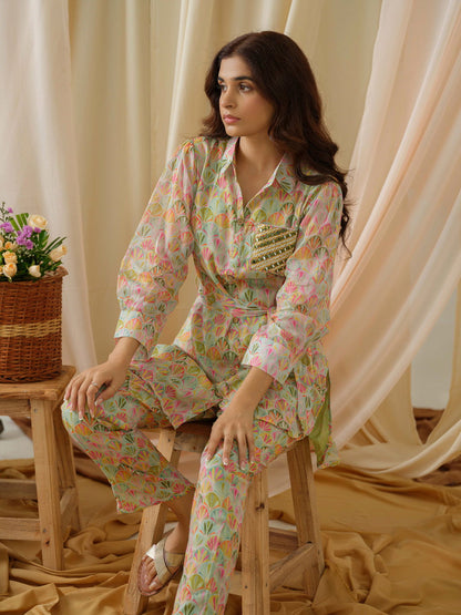 Printed Shirt Collar Pure Cotton Tunic With Trousers - Buy Best Ethnic Wear for Women & Girls | Daily Woman - 