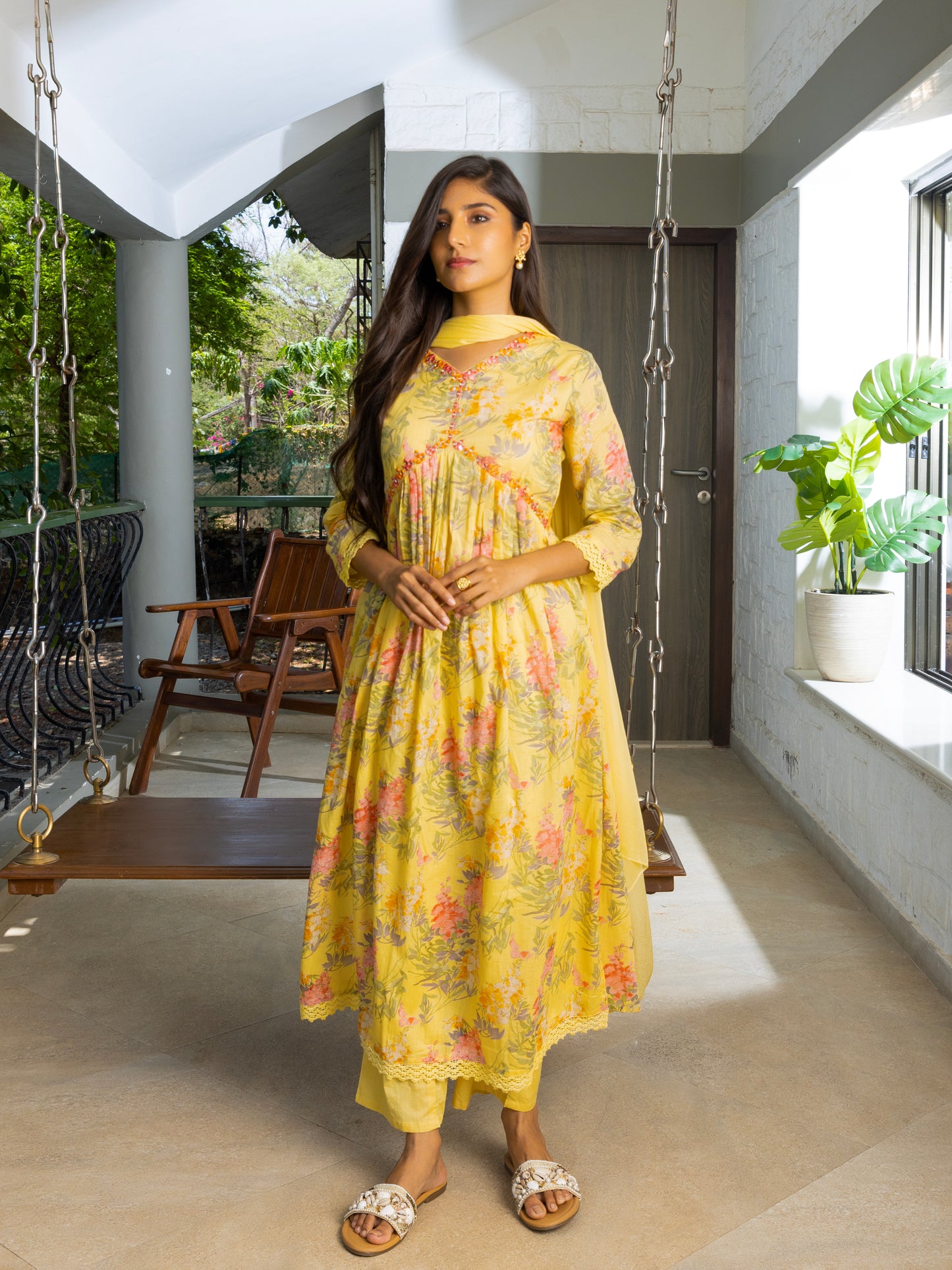 Alia Cut Floral Printed Mirror Work Pure Cotton A Line Kurta With Trousers & Dupatta