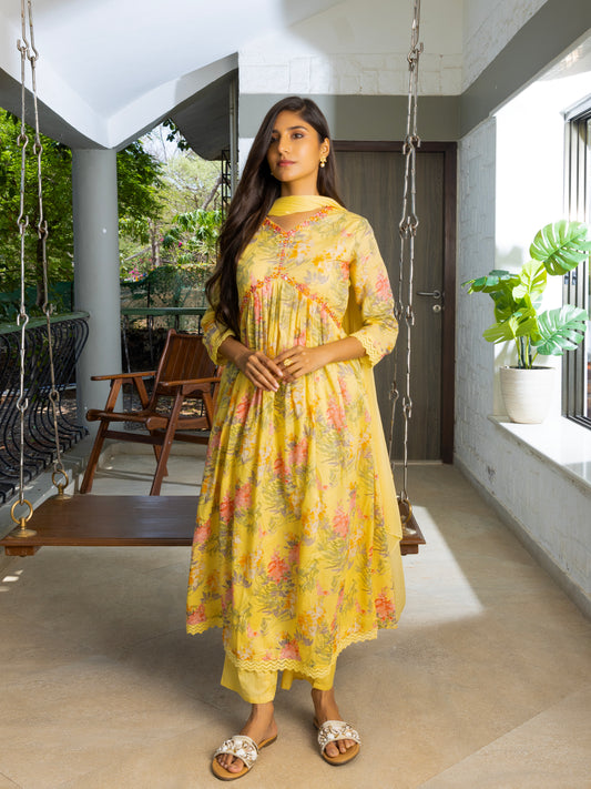 Alia Cut Floral Printed Mirror Work Pure Cotton A Line Kurta With Trousers & Dupatta