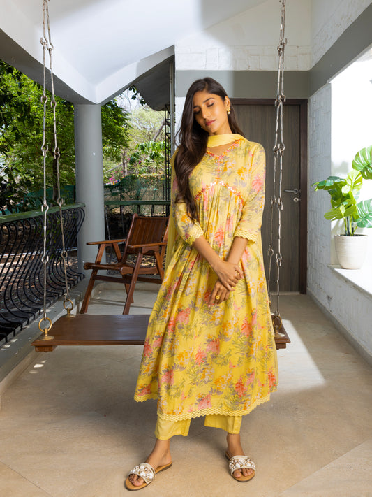 Alia Cut Floral Printed Mirror Work Pure Cotton A Line Kurta With Trousers & Dupatta