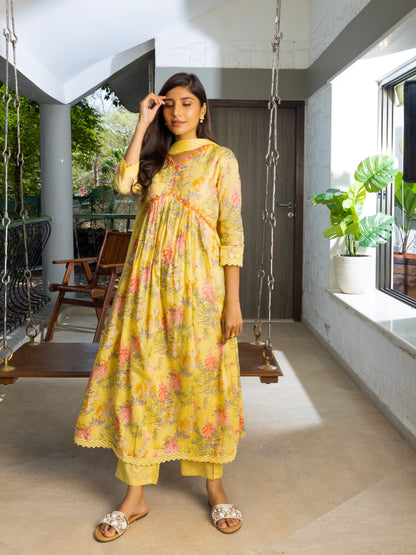 Alia Cut Floral Printed Mirror Work Pure Cotton A Line Kurta With Trousers & Dupatta