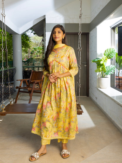 Alia Cut Floral Printed Mirror Work Pure Cotton A Line Kurta With Trousers & Dupatta