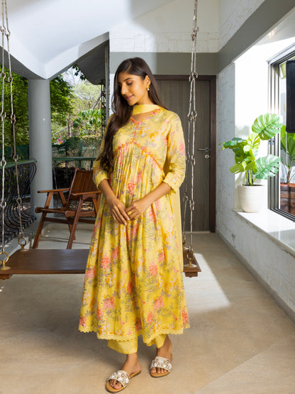 Alia Cut Floral Printed Mirror Work Pure Cotton A Line Kurta With Trousers & Dupatta