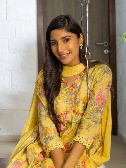 Alia Cut Floral Printed Mirror Work Pure Cotton A Line Kurta With Trousers & Dupatta