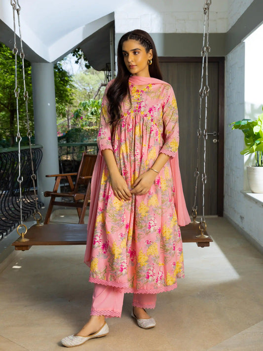 Floral Printed Thread Work Pure Cotton A-Line Kurta With Trouser & Dupatta