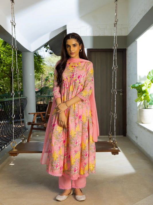 Floral Printed Thread Work Pure Cotton A-Line Kurta With Trouser & Dupatta