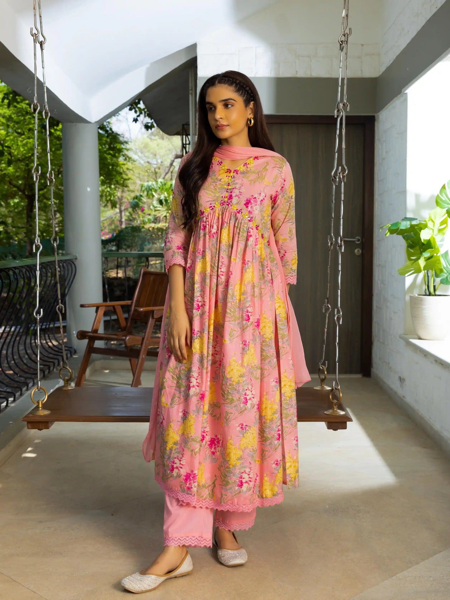 Floral Printed Thread Work Pure Cotton A-Line Kurta With Trouser & Dupatta