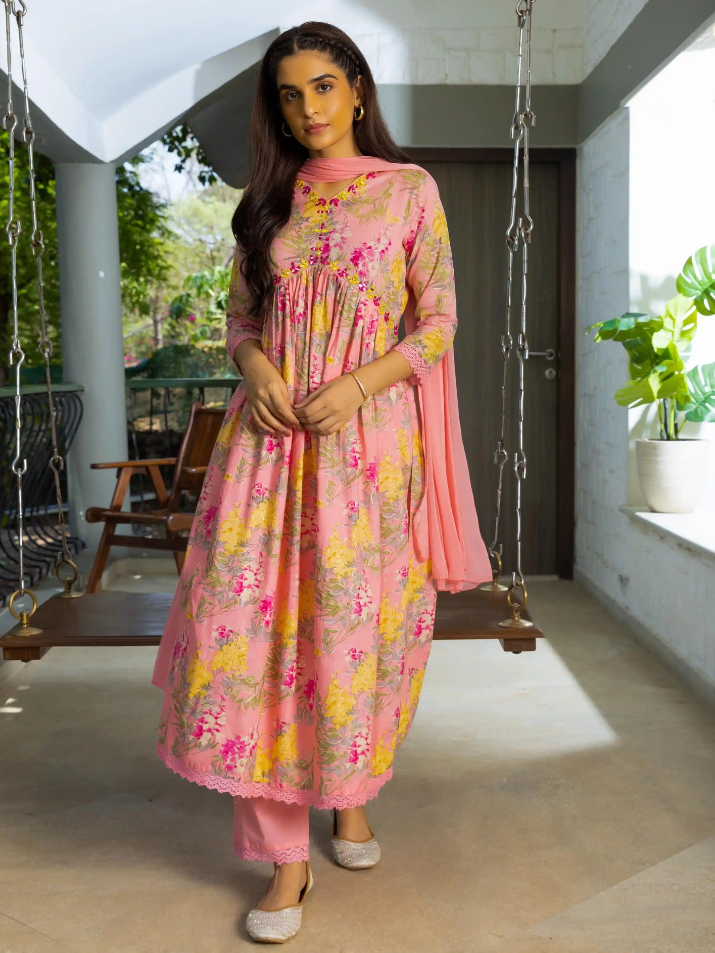 Floral Printed Thread Work Pure Cotton A-Line Kurta With Trouser & Dupatta