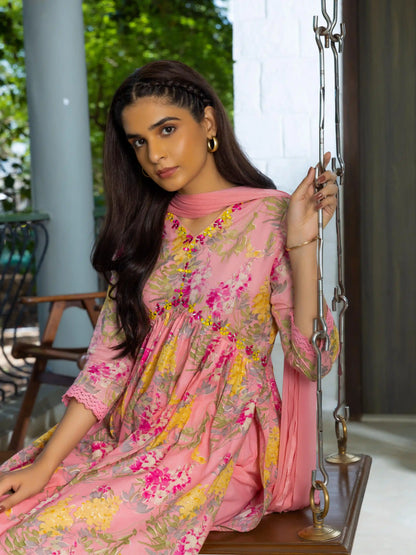 Floral Printed Thread Work Pure Cotton A-Line Kurta With Trouser & Dupatta
