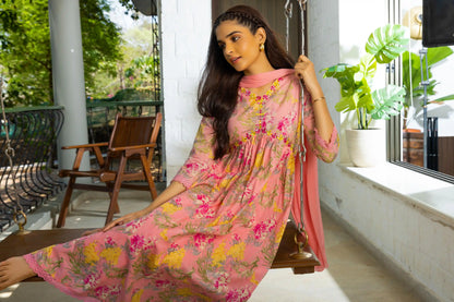 Floral Printed Thread Work Pure Cotton A-Line Kurta With Trouser & Dupatta