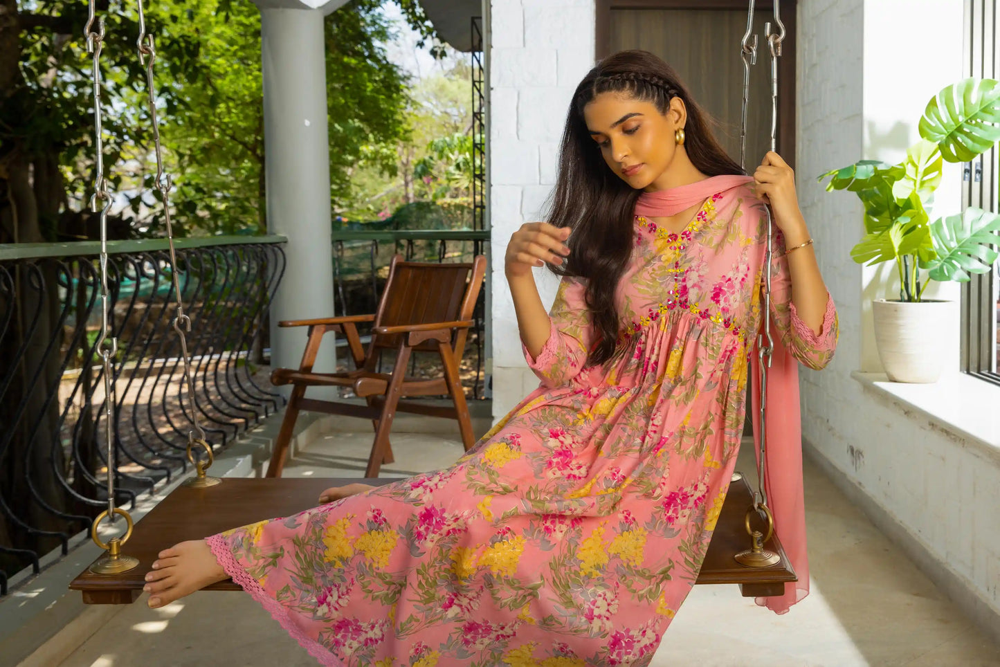 Floral Printed Thread Work Pure Cotton A-Line Kurta With Trouser & Dupatta