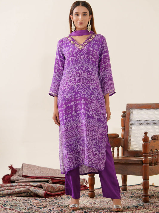 Pure Muslin Purple Color Ethnic Motifs Woven Design Regular Kurta with Trousers & Dupatta - Buy Best Ethnic Wear for Women & Girls | Daily Woman - 