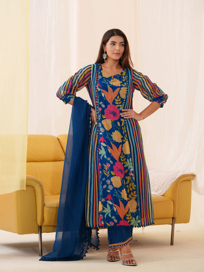 Pure Organza Blue Color  Embroidered Kurta With Trousers & Dupatta - Buy Best Ethnic Wear for Women & Girls | Daily Woman - 