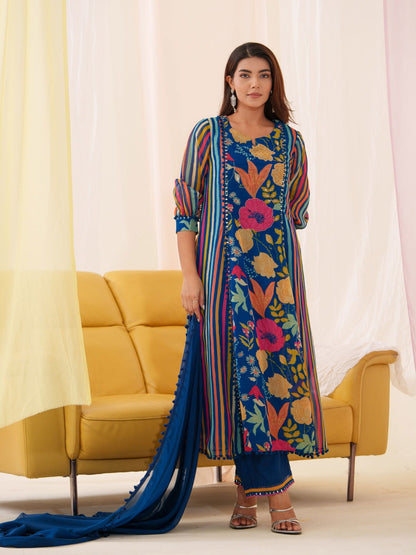 Pure Organza Blue Color  Embroidered Kurta With Trousers & Dupatta - Buy Best Ethnic Wear for Women & Girls | Daily Woman - 