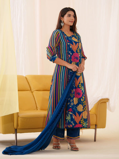 Pure Organza Blue Color  Embroidered Kurta With Trousers & Dupatta - Buy Best Ethnic Wear for Women & Girls | Daily Woman - 
