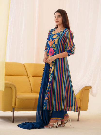 Pure Organza Blue Color  Embroidered Kurta With Trousers & Dupatta - Buy Best Ethnic Wear for Women & Girls | Daily Woman - 