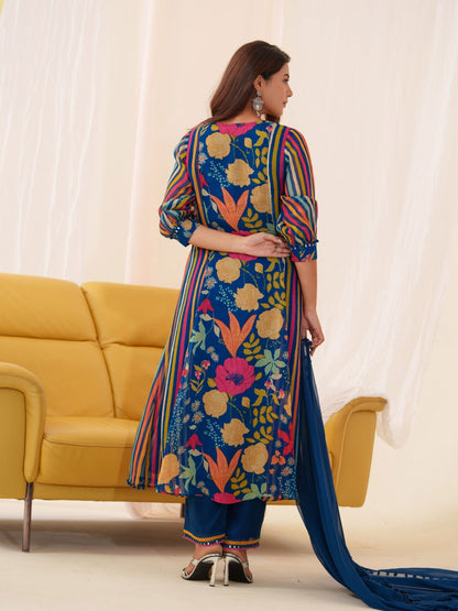 Pure Organza Blue Color  Embroidered Kurta With Trousers & Dupatta - Buy Best Ethnic Wear for Women & Girls | Daily Woman - 