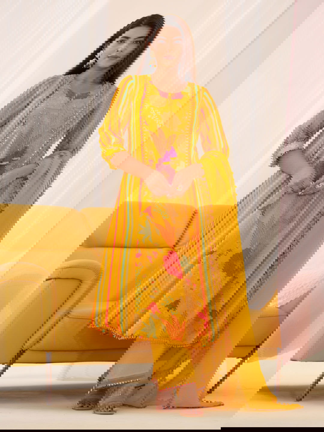 Pure Organza Yellow Color Embroidered Kurta With Trousers & Dupatta - Buy Best Ethnic Wear for Women & Girls | Daily Woman - 