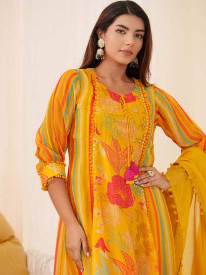 Pure Organza Yellow Color Embroidered Kurta With Trousers & Dupatta - Buy Best Ethnic Wear for Women & Girls | Daily Woman - 