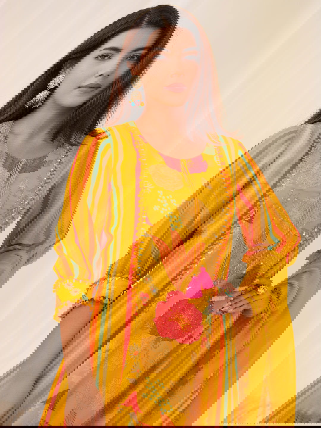 Pure Organza Yellow Color Embroidered Kurta With Trousers & Dupatta - Buy Best Ethnic Wear for Women & Girls | Daily Woman - 