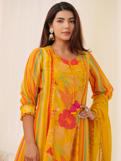 Pure Organza Yellow Color Embroidered Kurta With Trousers & Dupatta - Buy Best Ethnic Wear for Women & Girls | Daily Woman - 