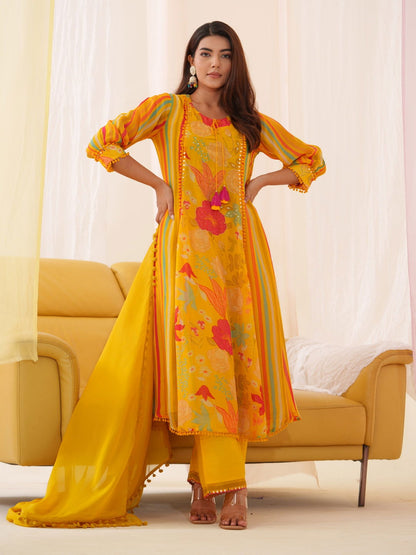 Pure Organza Yellow Color Embroidered Kurta With Trousers & Dupatta - Buy Best Ethnic Wear for Women & Girls | Daily Woman - 