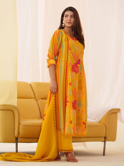 Pure Organza Yellow Color Embroidered Kurta With Trousers & Dupatta - Buy Best Ethnic Wear for Women & Girls | Daily Woman - 