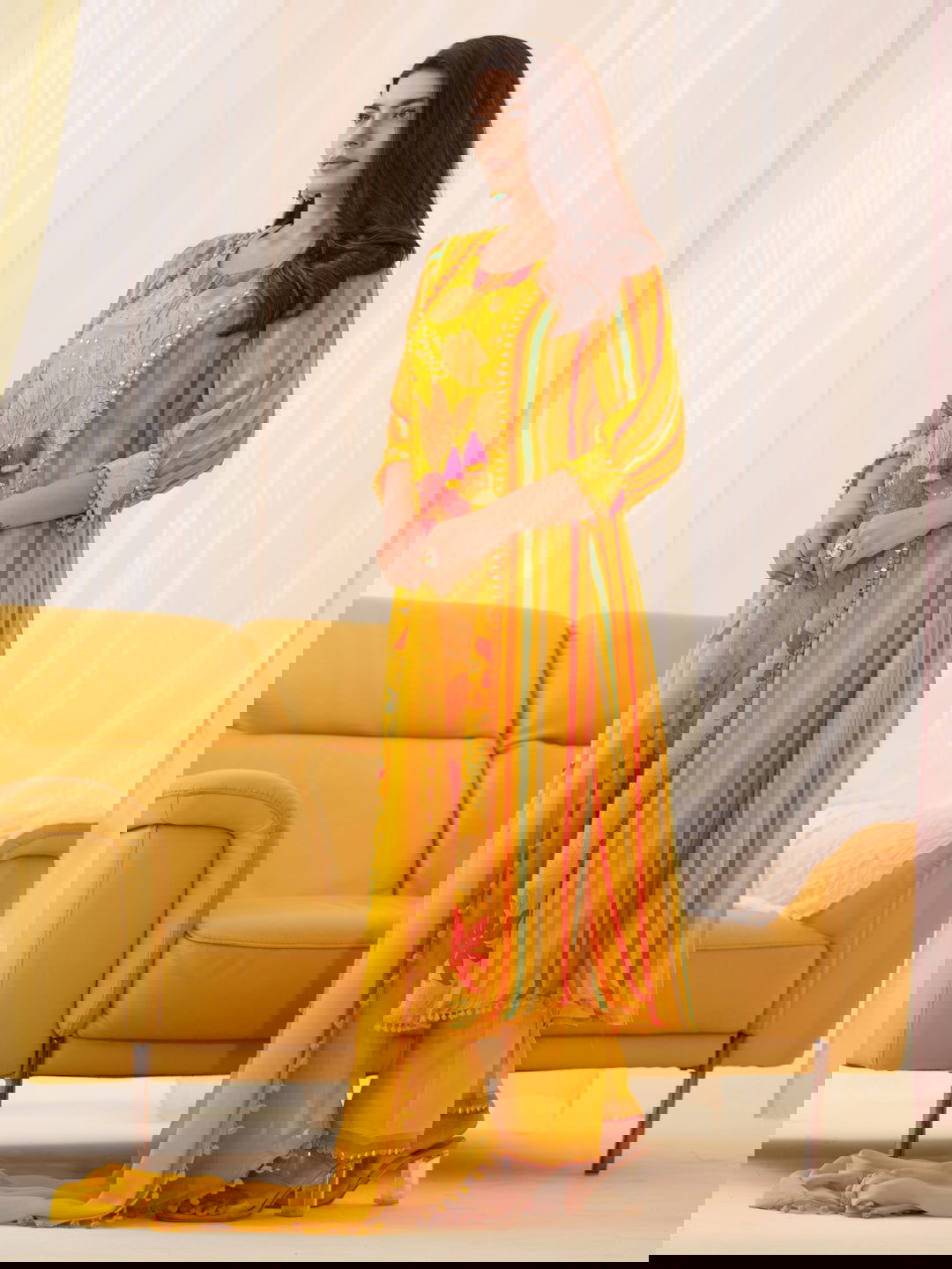 Pure Organza Yellow Color Embroidered Kurta With Trousers & Dupatta - Buy Best Ethnic Wear for Women & Girls | Daily Woman - 