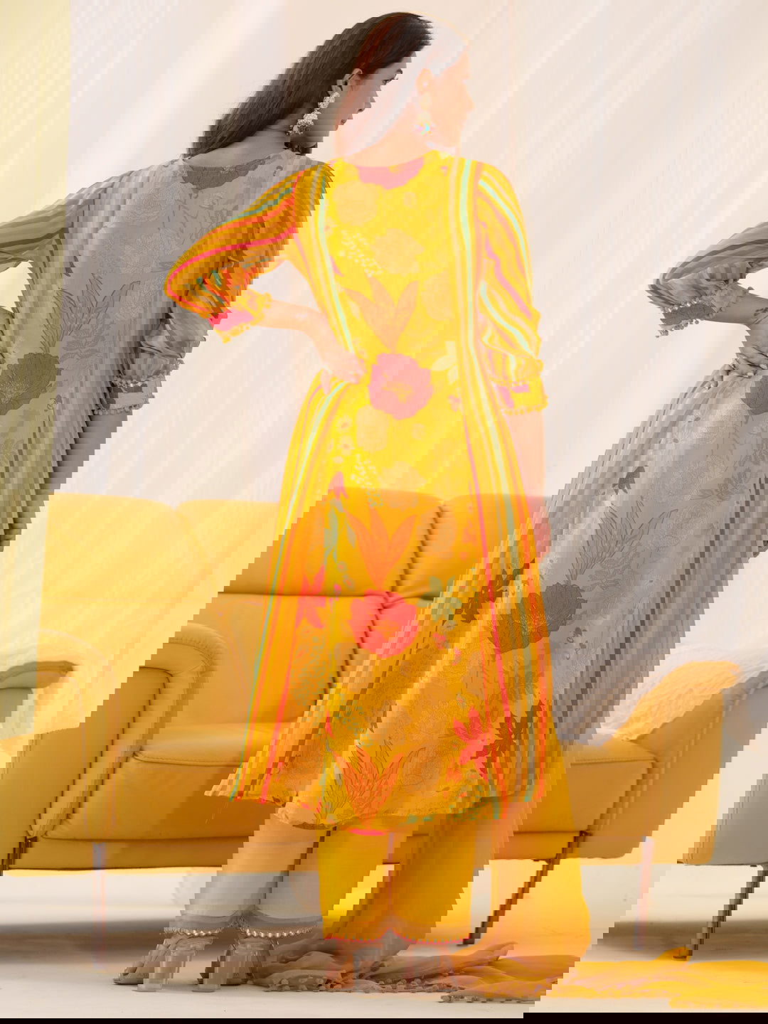 Pure Organza Yellow Color Embroidered Kurta With Trousers & Dupatta - Buy Best Ethnic Wear for Women & Girls | Daily Woman - 