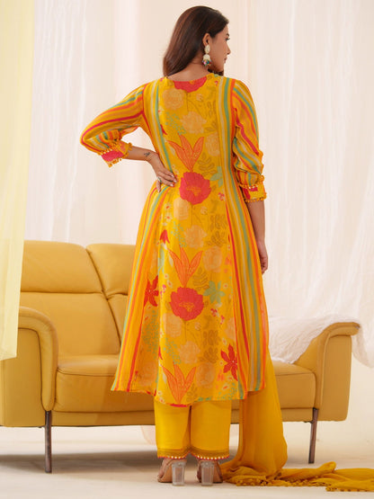 Pure Organza Yellow Color Embroidered Kurta With Trousers & Dupatta - Buy Best Ethnic Wear for Women & Girls | Daily Woman - 