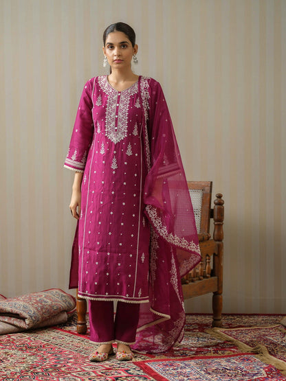 Purple Embroidered Woven Design Straight Kurta and Trousers With Dupatta - Buy Best Ethnic Wear for Women & Girls | Daily Woman - 
