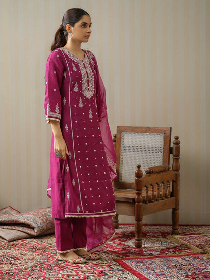 Purple Embroidered Woven Design Straight Kurta and Trousers With Dupatta - Buy Best Ethnic Wear for Women & Girls | Daily Woman - 