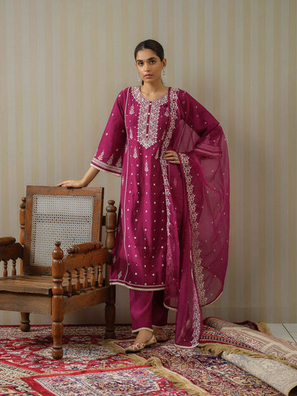 Purple Embroidered Woven Design Straight Kurta and Trousers With Dupatta - Buy Best Ethnic Wear for Women & Girls | Daily Woman - 
