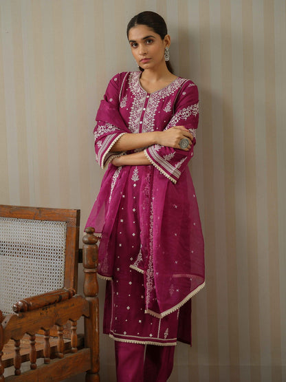 Purple Embroidered Woven Design Straight Kurta and Trousers With Dupatta - Buy Best Ethnic Wear for Women & Girls | Daily Woman - 