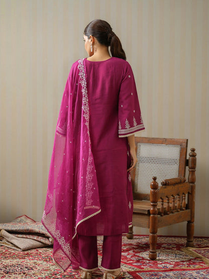 Purple Embroidered Woven Design Straight Kurta and Trousers With Dupatta - Buy Best Ethnic Wear for Women & Girls | Daily Woman - 