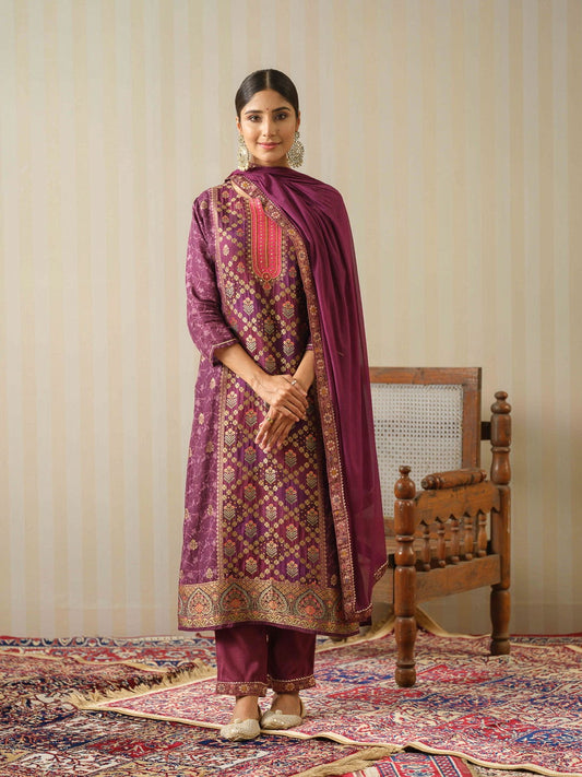 Purple Embroidered Woven Design Straight Kurta and Trousers With Dupatta - Buy Best Ethnic Wear for Women & Girls | Daily Woman - 