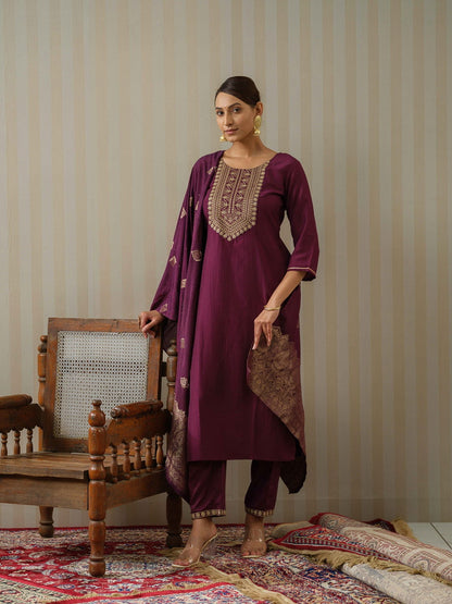 Purple Ethnic Motifs Straight Kurta & Trousers With Dupatta - Buy Best Ethnic Wear for Women & Girls | Daily Woman - 