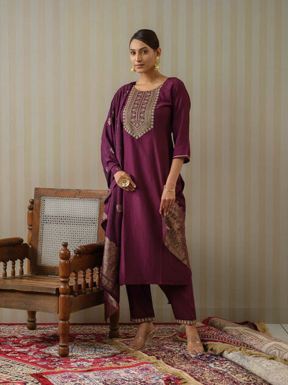 Purple Ethnic Motifs Straight Kurta & Trousers With Dupatta - Buy Best Ethnic Wear for Women & Girls | Daily Woman - 