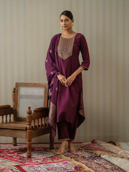 Purple Ethnic Motifs Straight Kurta & Trousers With Dupatta - Buy Best Ethnic Wear for Women & Girls | Daily Woman - 