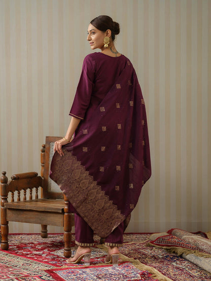 Purple Ethnic Motifs Straight Kurta & Trousers With Dupatta - Buy Best Ethnic Wear for Women & Girls | Daily Woman - 