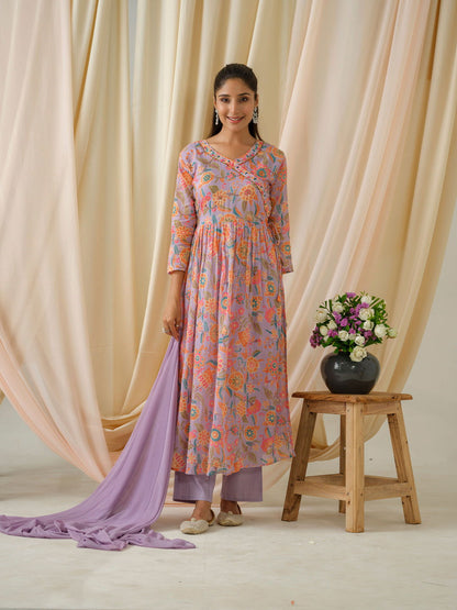 Purple Floral Printed Sequinned Anarkali Pure Cotton Kurta With Trouser & Dupatta - Buy Best Ethnic Wear for Women & Girls | Daily Woman - 