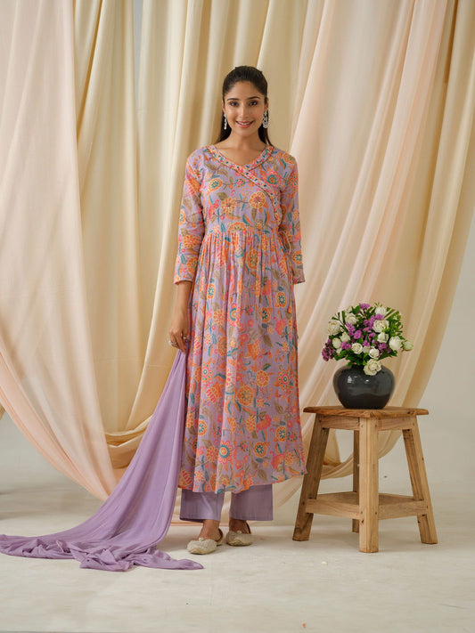Purple Floral Printed Sequinned Anarkali Pure Cotton Kurta With Trouser & Dupatta - Buy Best Ethnic Wear for Women & Girls | Daily Woman - 