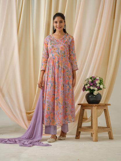 Purple Floral Printed Sequinned Anarkali Pure Cotton Kurta With Trouser & Dupatta - Buy Best Ethnic Wear for Women & Girls | Daily Woman - 